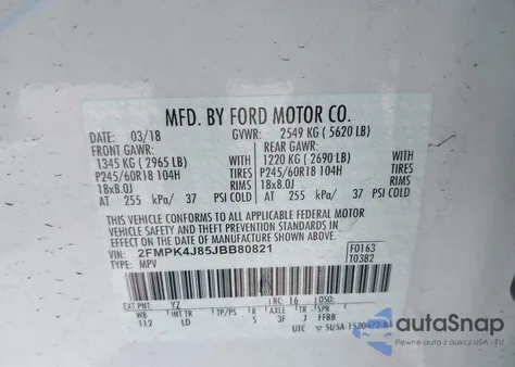 2018 Ford Edge Sel из США, поврежденный, VIN 2FMPK4J85JBB80821